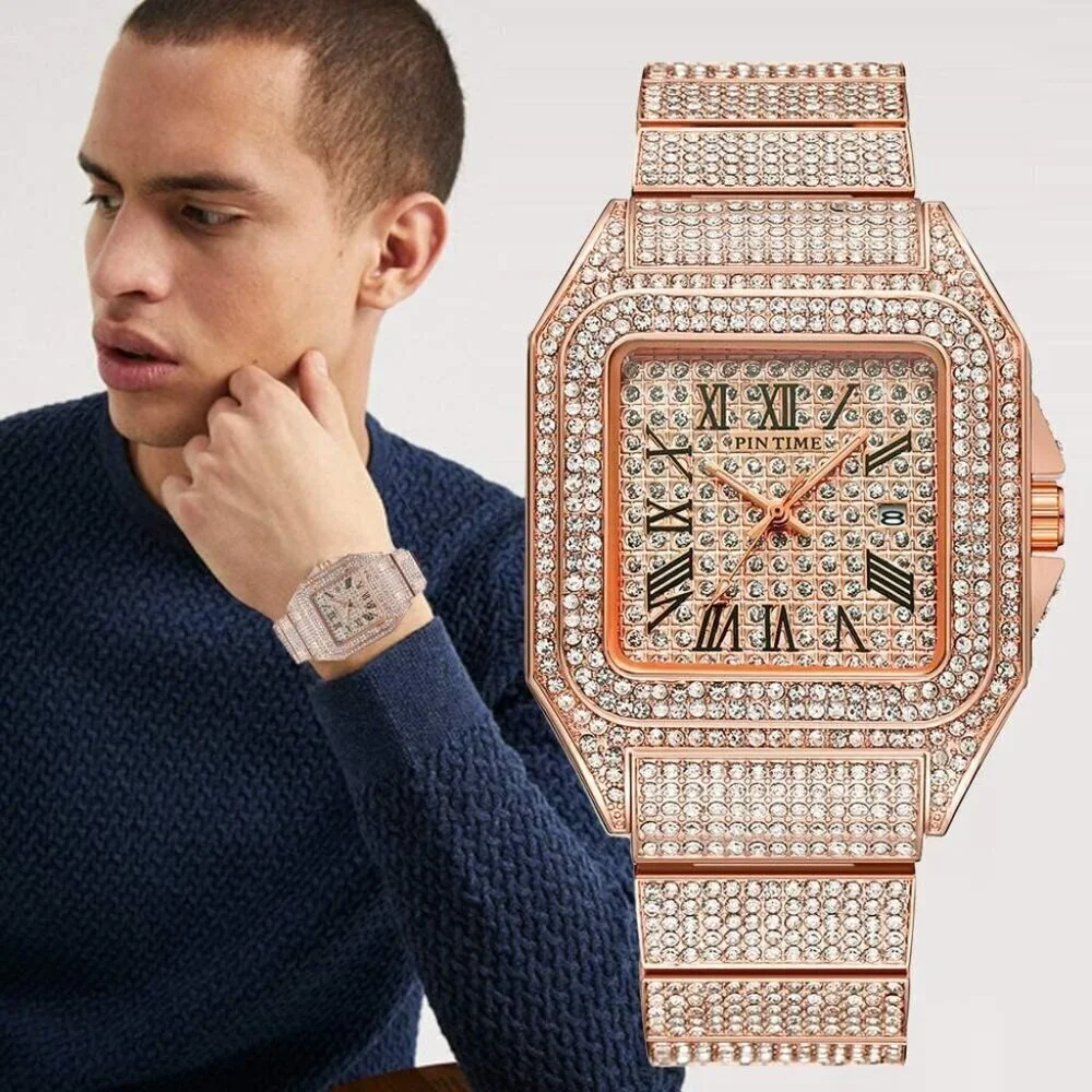 Men's Rose Gold Crystal Bling Rectangle Case Stainless Steel Quartz Analog Watch